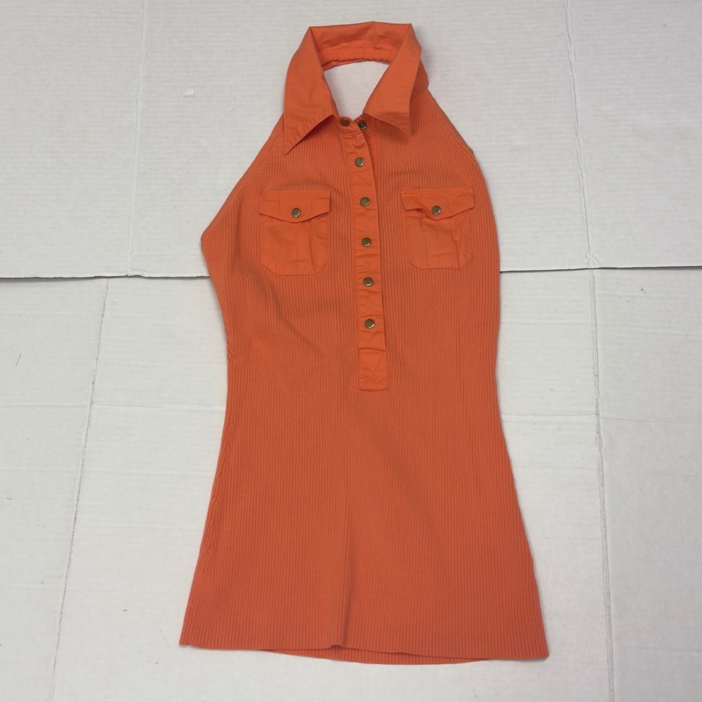 Cache Halter Top Women Medium Orange Ribbed Snap Button Collared Y2K Clubwear
